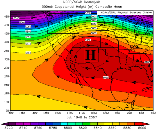 Mean 500mb height pattern, July. Subtropical high is near maximum seasonal strength over New Mexico.