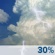 This Afternoon: A 30 percent chance of showers and thunderstorms.  Partly sunny, with a steady temperature around 86. South wind around 10 mph. 